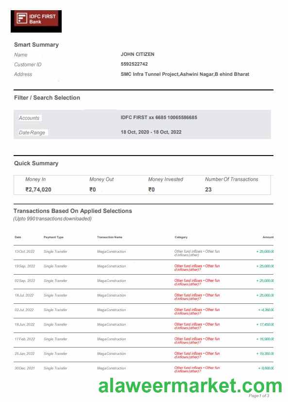 India IDFC bank statement template, Word and PDF format, 3 pages, version 2